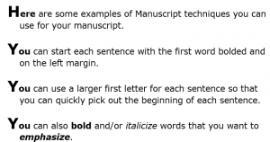 Example of words bolded at the beginning of a sentence for ease of reading a manuscript..