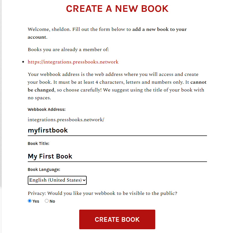 Pressbooks' Create a new book interface