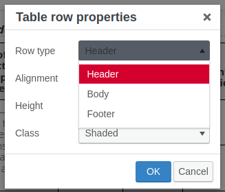 Table row properties menu