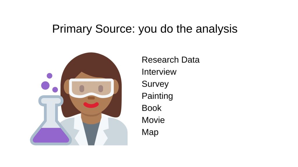 Image of a scientist with a beaker, which says 'primary source: you do the analysis'