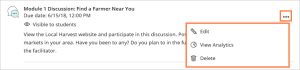 Click on the three horizontal dots on the discussion you would like to view the analytics for.