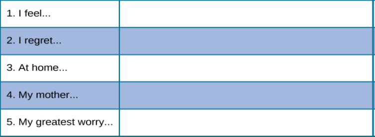 Five incomplete sentences are stacked vertically with empty space to the right of each sentence in which to complete it. The sentence starters are : “1. I feel,” “2. I regret,” “3. At home,” “4. My mother,” and “5. My greatest worry.”