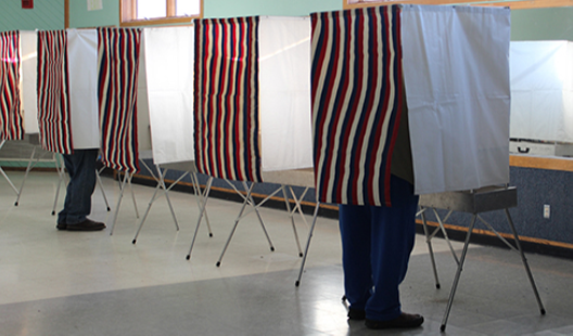 A photograph shows a row of curtained voting booths; two are occupied by people.