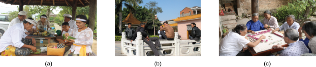 Three photographs show three groups of people: a family preparing a meal, a group of men sitting on a porch, and a group of women playing mahjong.