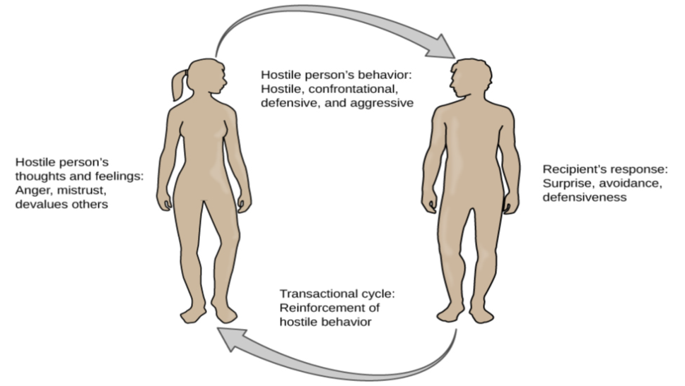 A figure showing the outlines of the female and male body represent the social interactions outlined in the transactional model of hostility. A hostile person’s behavior is listed as hostile, confrontational, defensive, and aggressive. The recipient’s response is surprise, avoidance, and defensiveness. The transactional cycle is reinforcement of hostile behavior, and the hostile person’s thoughts and feelings are anger, mistrust, and devalues others. Arrows connecting the female and male figures show a continuous pattern.