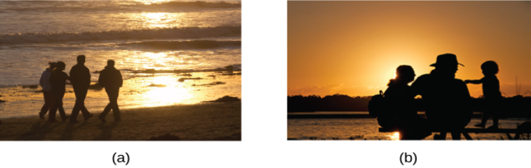 Photograph A shows four people walking along the beach with the sun setting in the distance. Photograph B shows a close relationship between three people by the water.