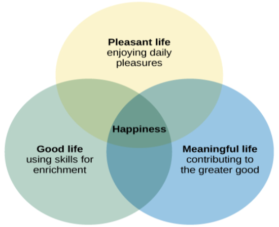 A Venn diagram features three circles: one labeled “Good life: using skills for enrichment,” one labeled “Pleasant life: enjoying daily pleasures,” and another labeled: Meaningful life: contributing to the greater good.” All three circles overlap at a section labeled “Happiness.”