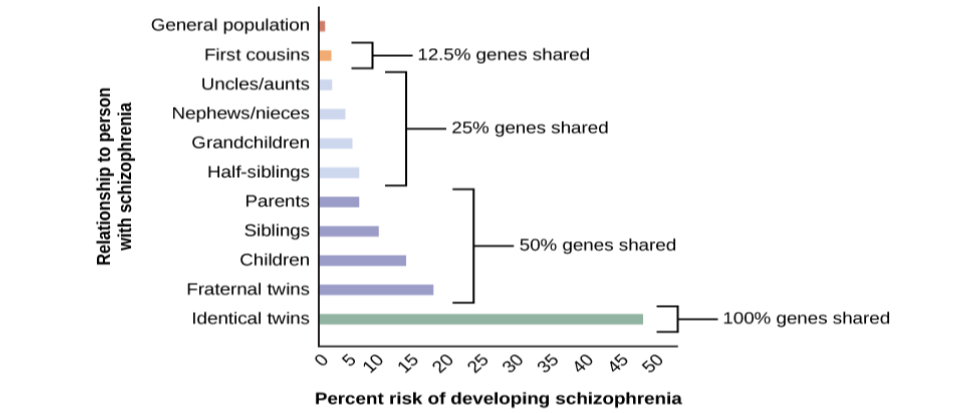 A bar graph has an x-axis labeled “Percent risk of developing schizophrenia” and a y-axis labeled “relationship to person with schizophrenia.” A series of relationships are correlated with the percentage risk, shown with brackets indicating the generic relationship. The general population has a 1% risk. First cousins have 2% risk; they share 12.5% of genes. The next relationships are uncles/aunts, nephews/nieces, grandchildren, and half-siblings; they share 25% of genes and the risk ranges from about 3–6%. The next relationships are parents, siblings, children, and fraternal twins; they share 50% of genes and the risks are about 6, 9, 13, and 17%, respectively. Identical twins share 100% of genes and have about a 48% risk.