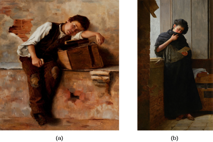 Photograph A shows a painting of a person leaning against a ledge, slumped sideways over a box. Photograph B shows a painting of a person reading by a window.