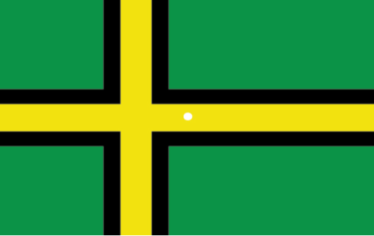 An illustration shows a green flag with a thick, black-bordered yellow lines meeting slightly to the left of the center. A small white dot sits within the yellow space in the exact center of the flag.