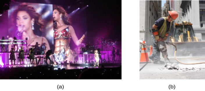 Photograph A shows Beyoncé performing at a concert. Photograph B shows a construction worker operating a jackhammer.