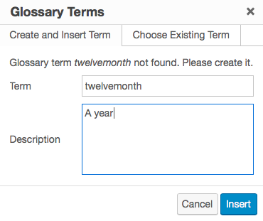 The Glossary Terms user interface.