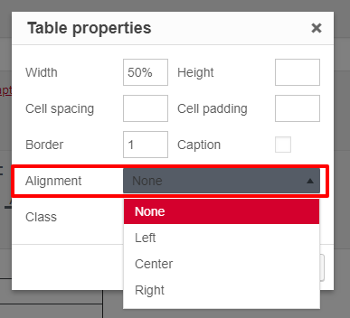 Table properties with alignment property highlighted